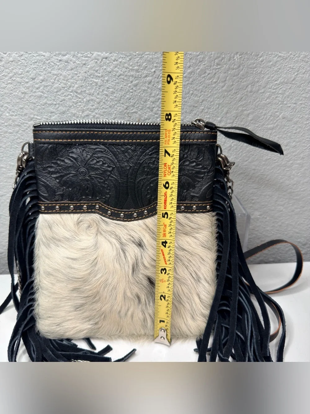 Montana West  Cowhide Crossbody Fringe Purse in Black Leather